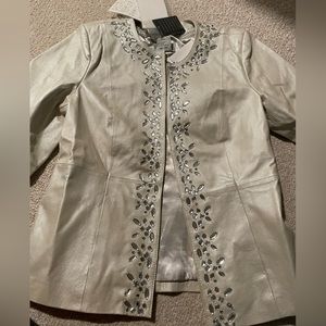 NWT Bradley Bayou Ivory Iridescent Embellish Leather Jacket Women's Size Small